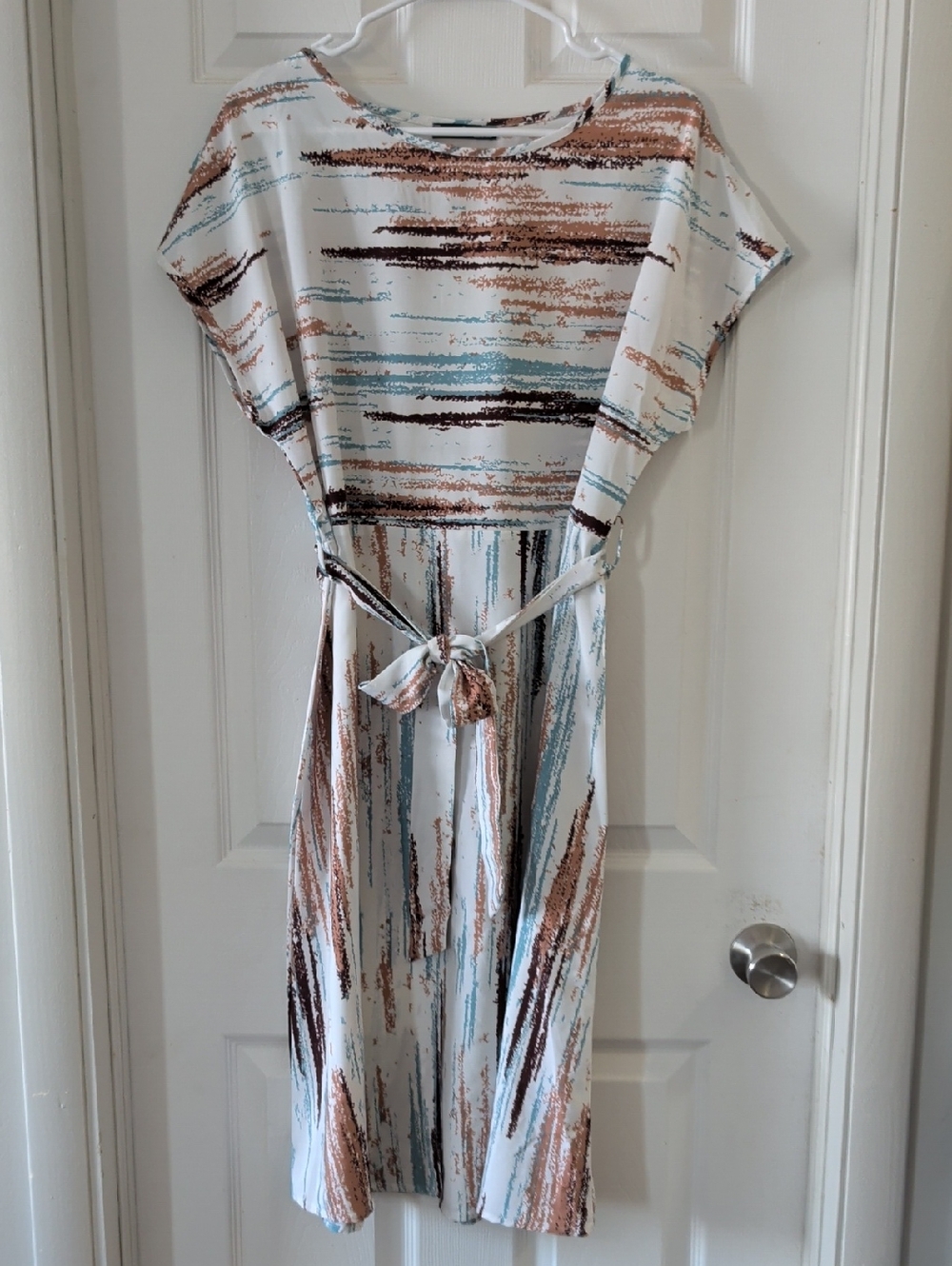 Women's Cream Striped Belted Midi Dress